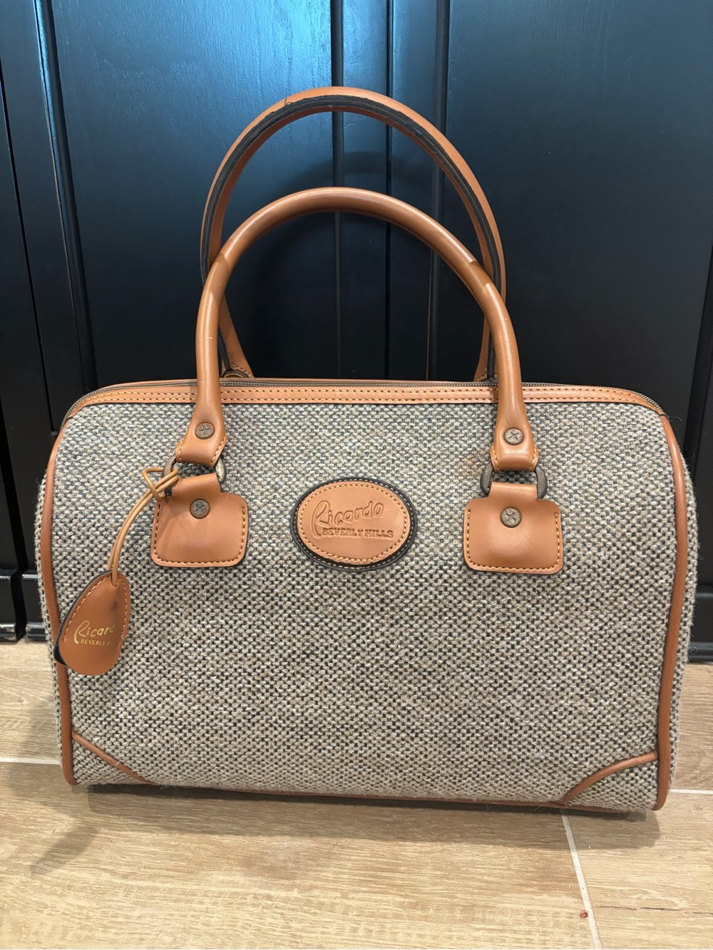 Beautiful Vintage Tweed Ricardo of Beverly Hills Satchel Bag Faux Leather Purse
